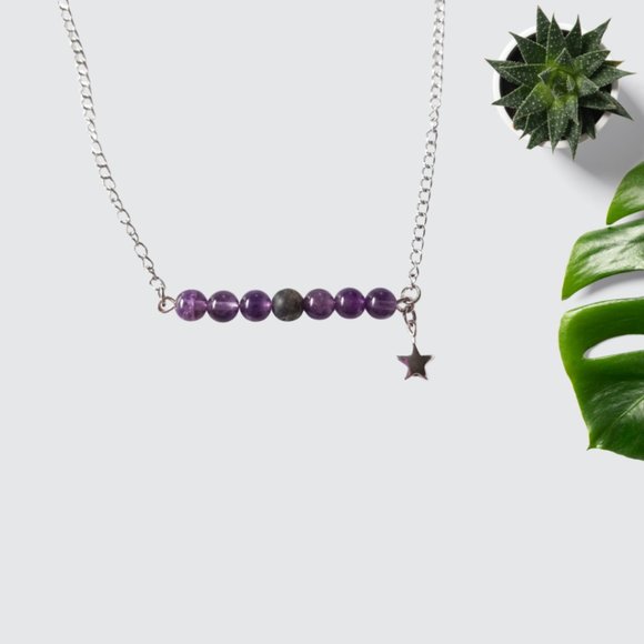 Amethyst Black Striped Agate Chakra Gemstone Hematite Star Necklace Handmade - Picture 3 of 7